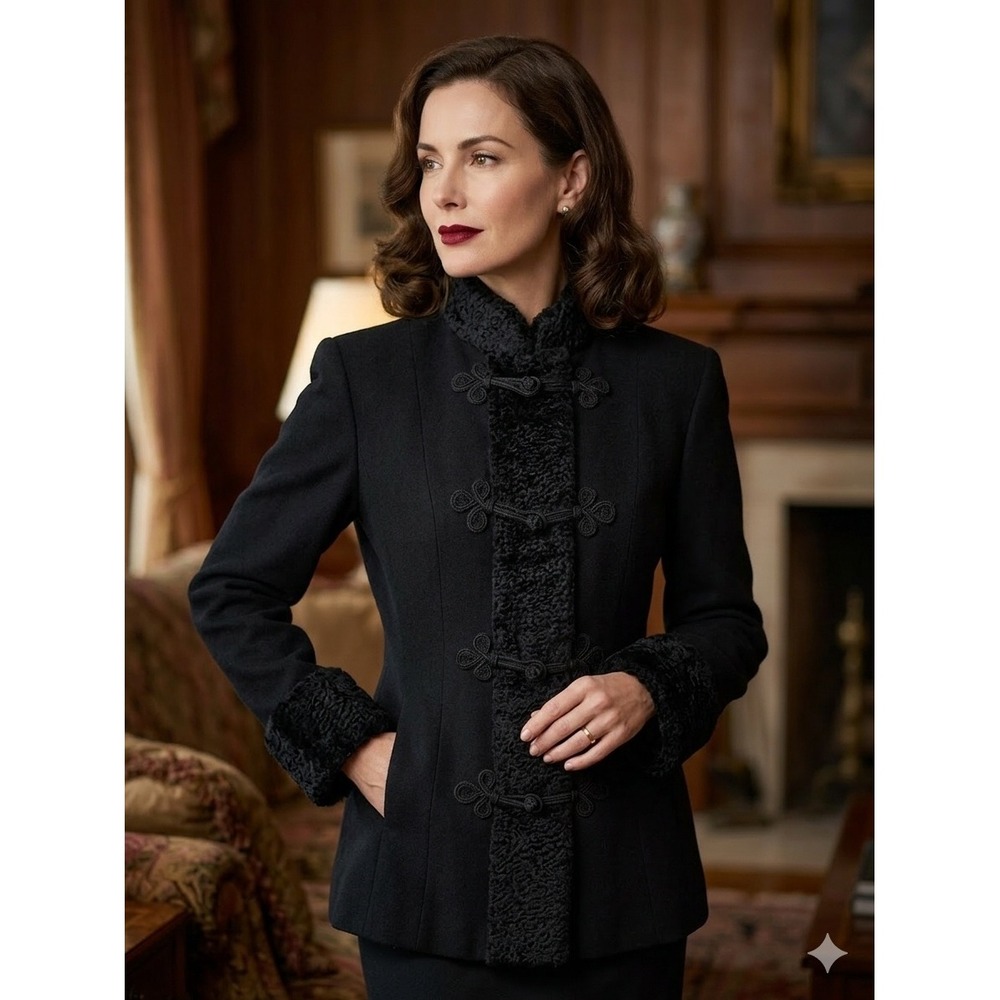 Lilli Ann Jacket Womens M Black Excellent Vintage Persian‎ Lamb Fur Frog Closure